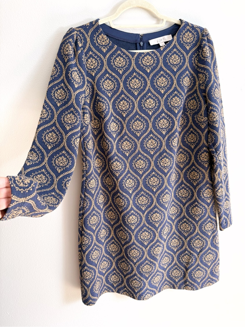LOFT Navy and Gold Medallion Long Sleeve Shift Dress